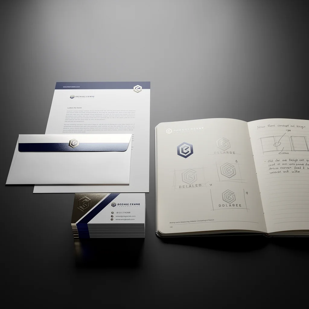 A curated collection of brand assets laid out on a navy surface